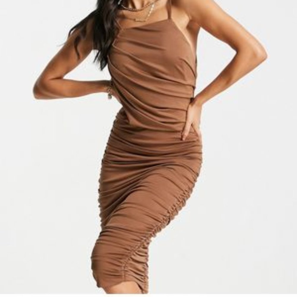 New  Women's Sleevess Dresses Elegant Party Midi Dress Vitage ,size M Brown